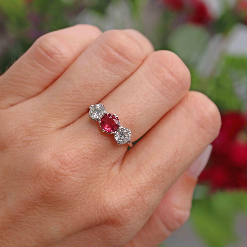 Ellibelle Jewellery Art Deco Ruby & Diamond Platinum Three-Stone Engagement Ring