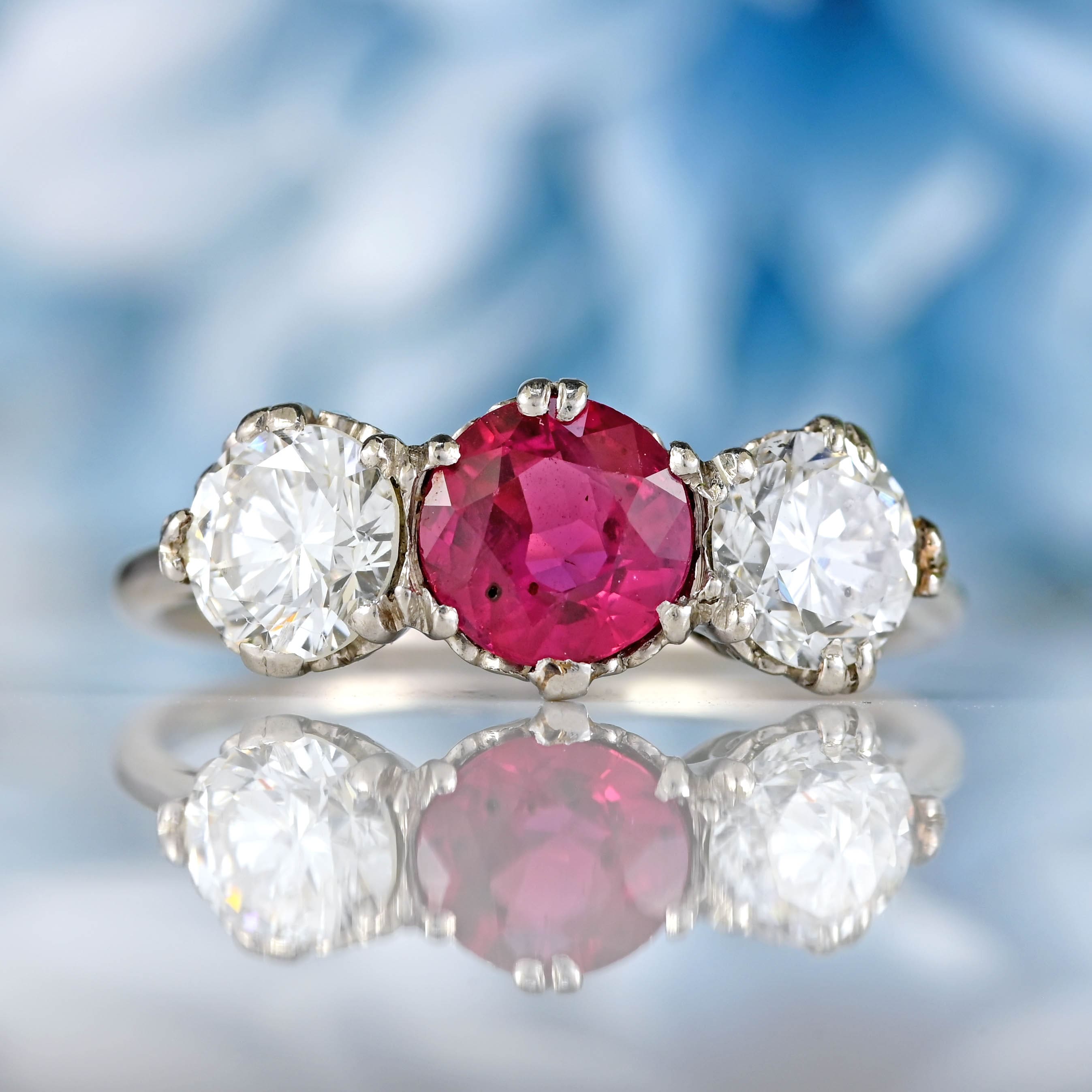 Ellibelle Jewellery Art Deco Ruby & Diamond Platinum Three-Stone Engagement Ring