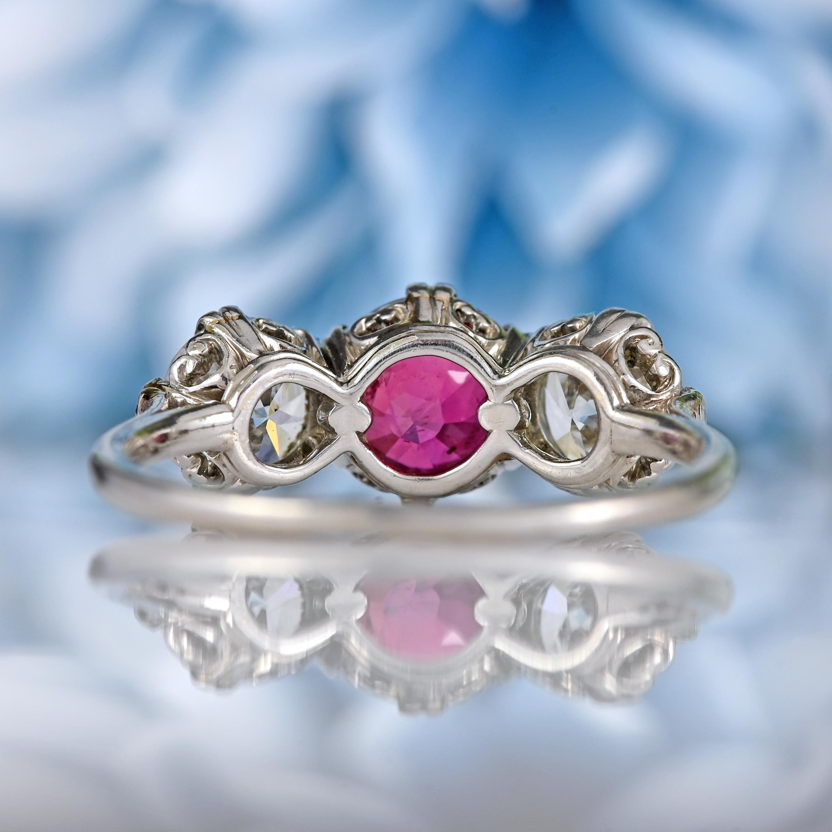Ellibelle Jewellery Art Deco Ruby & Diamond Platinum Three-Stone Engagement Ring