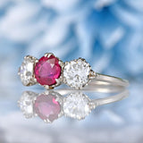 Ellibelle Jewellery Art Deco Ruby & Diamond Platinum Three-Stone Engagement Ring
