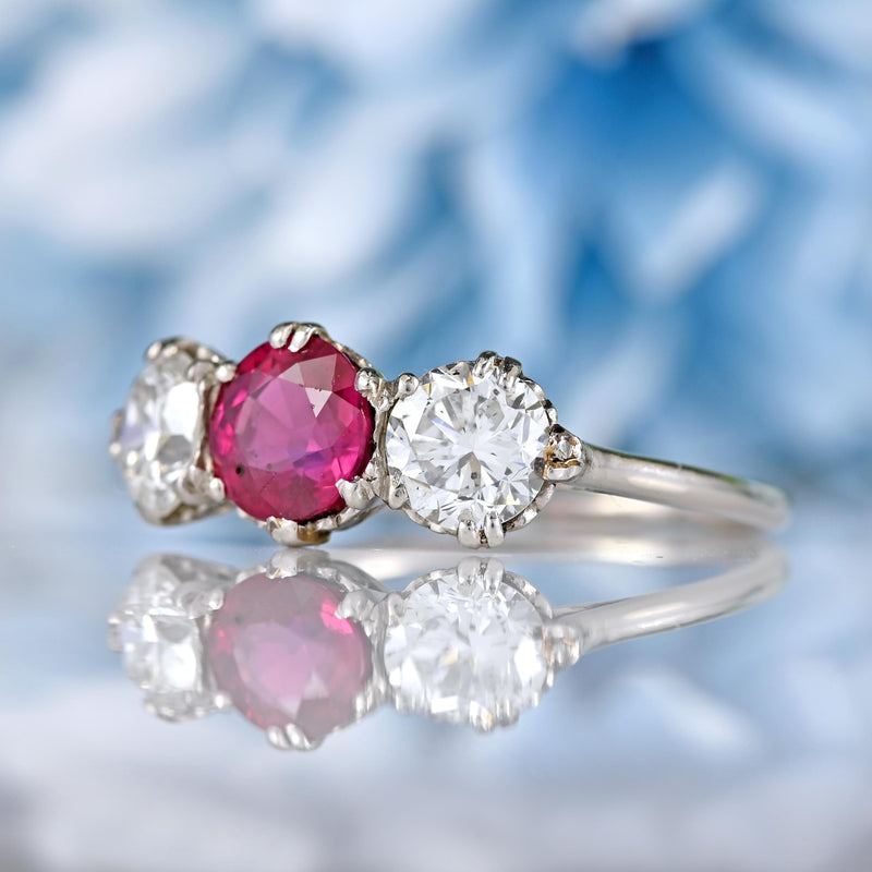 Ellibelle Jewellery Art Deco Ruby & Diamond Platinum Three-Stone Engagement Ring