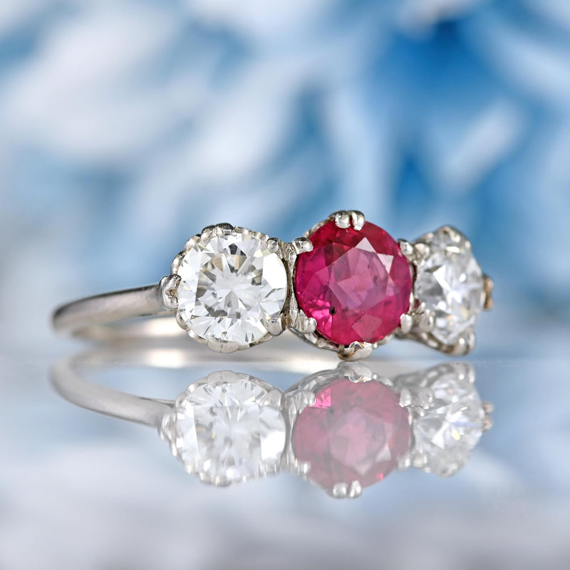 Ellibelle Jewellery Art Deco Ruby & Diamond Platinum Three-Stone Engagement Ring
