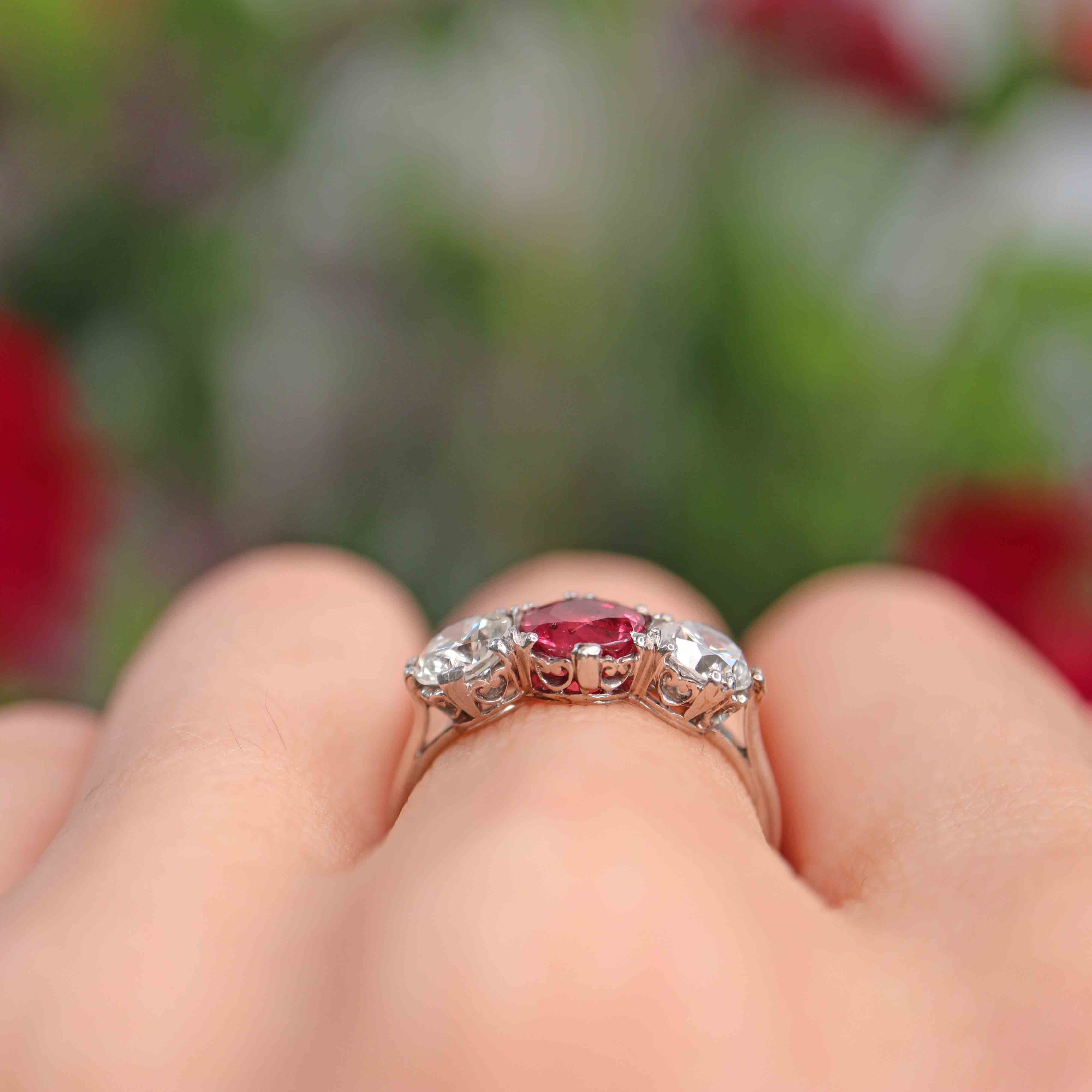 Ellibelle Jewellery Art Deco Ruby & Diamond Platinum Three-Stone Engagement Ring