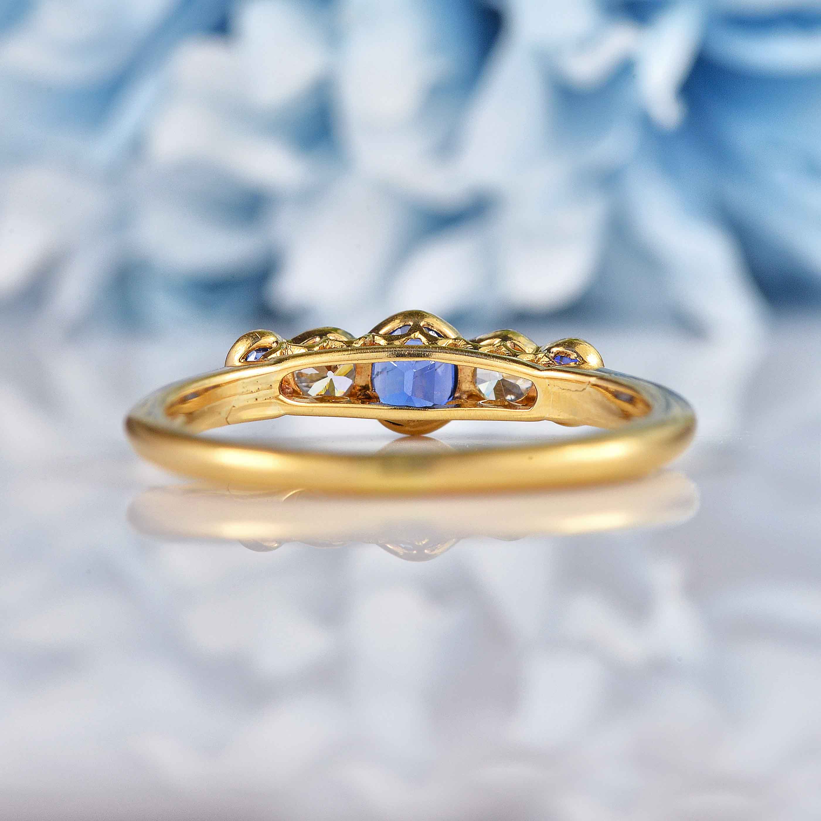 Ellibelle Jewellery Art Deco Sapphire & Diamond 18ct Gold Five-Stone Bezel Ring
