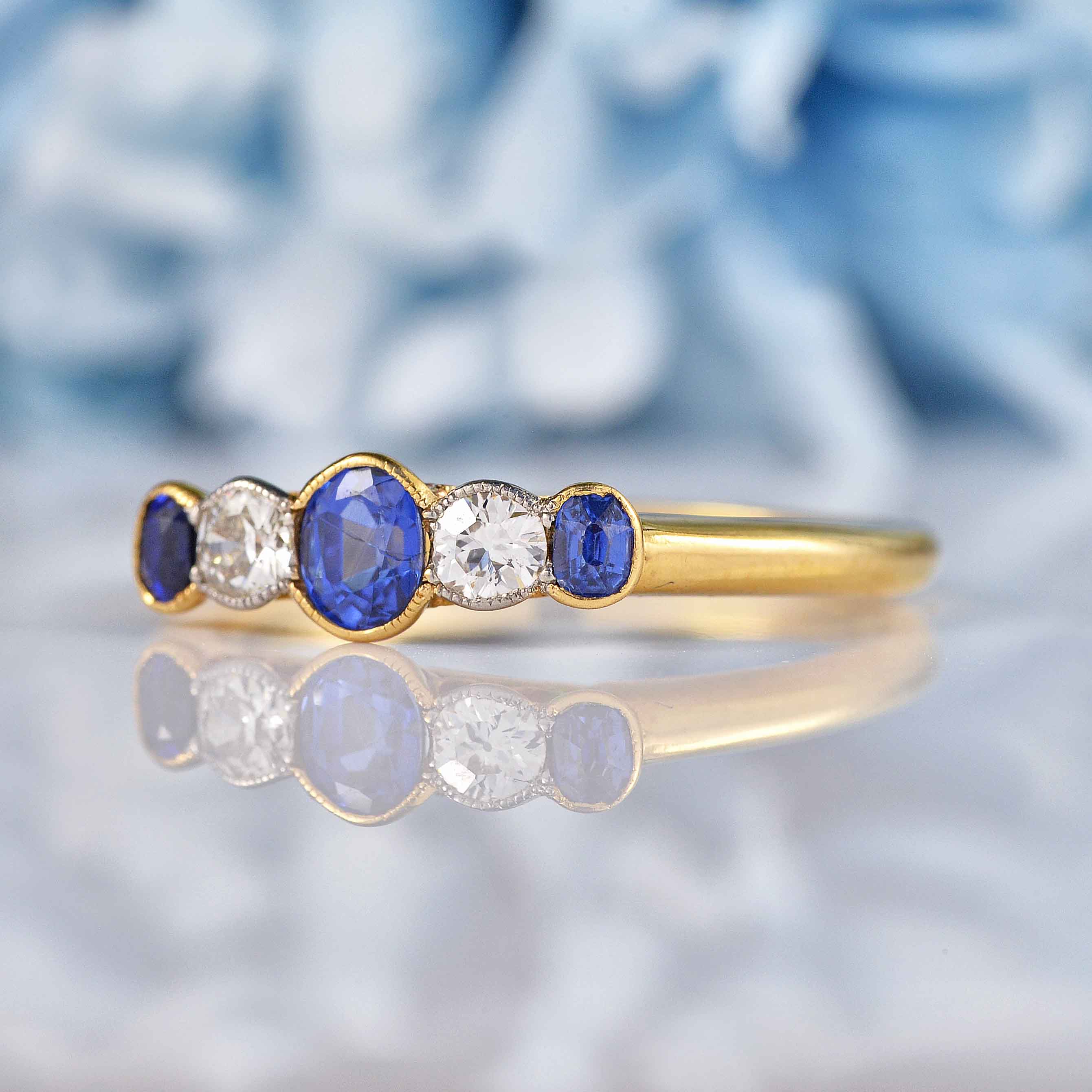 Ellibelle Jewellery Art Deco Sapphire & Diamond 18ct Gold Five-Stone Bezel Ring