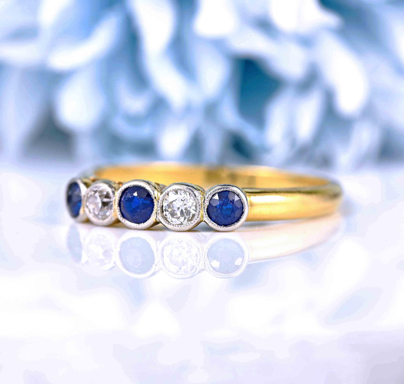 Ellibelle Jewellery Art Deco Sapphire & Diamond 18ct Gold Five-Stone Bezel Ring