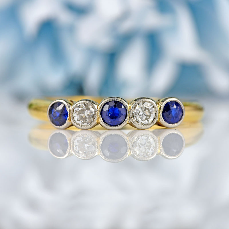 Ellibelle Jewellery Art Deco Sapphire & Diamond 18ct Gold Five-Stone Bezel Ring