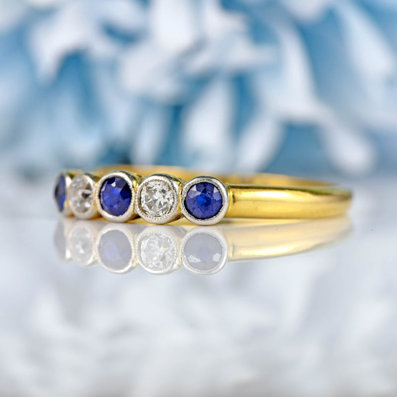 Ellibelle Jewellery Art Deco Sapphire & Diamond 18ct Gold Five-Stone Bezel Ring