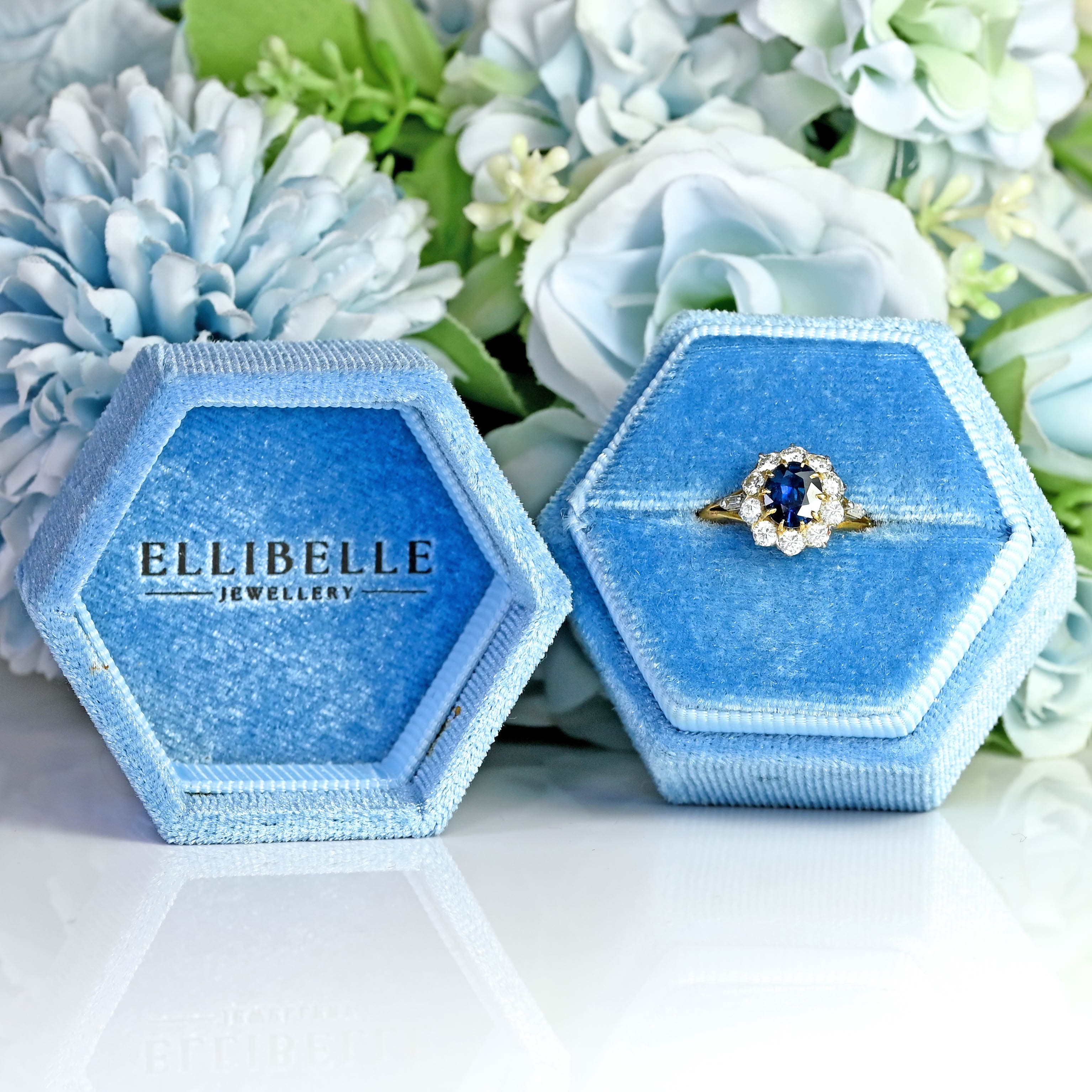 Ellibelle Jewellery Art Deco Sapphire & Diamond 18ct Gold Platinum Cluster Engagement Ring