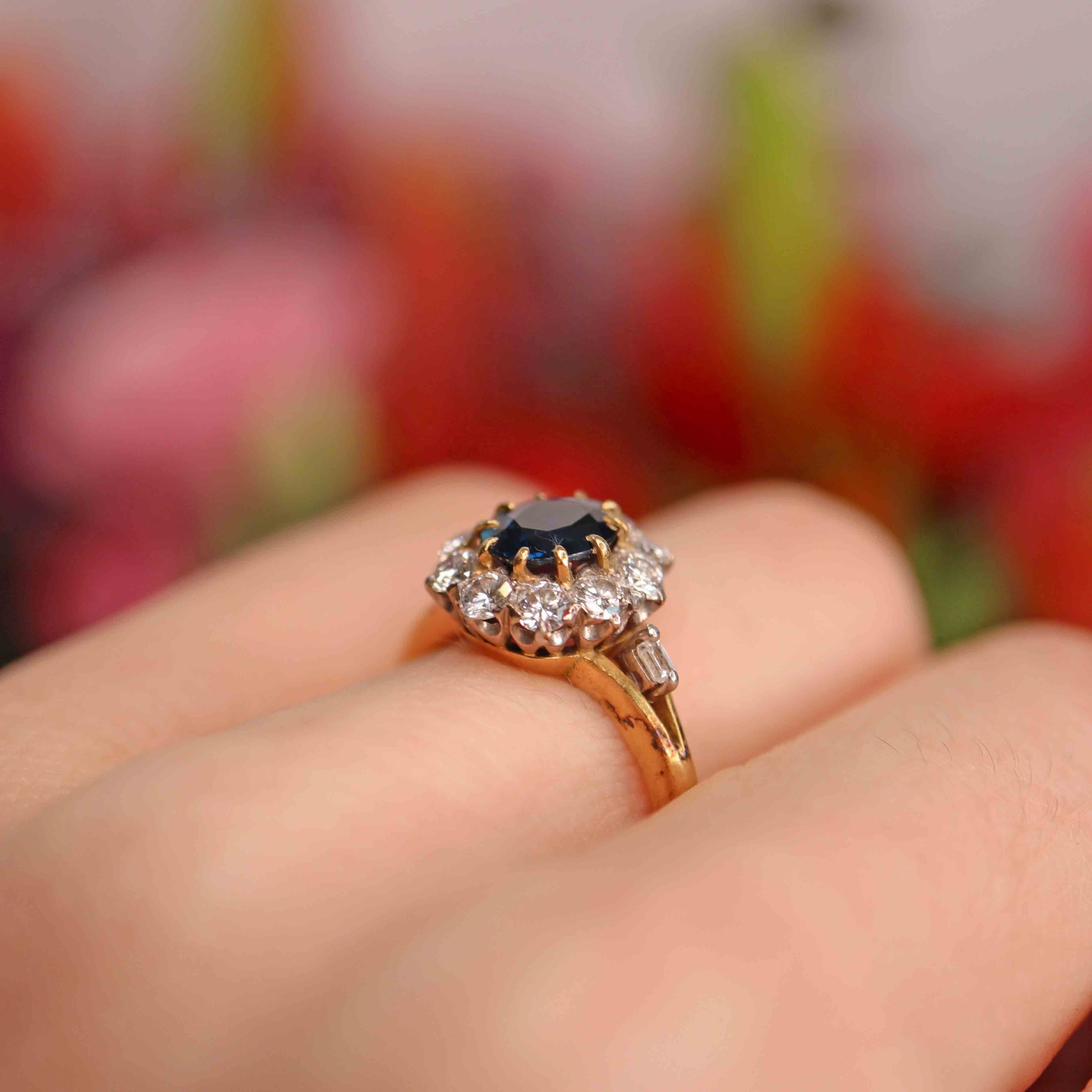 Ellibelle Jewellery Art Deco Sapphire & Diamond 18ct Gold Platinum Cluster Engagement Ring