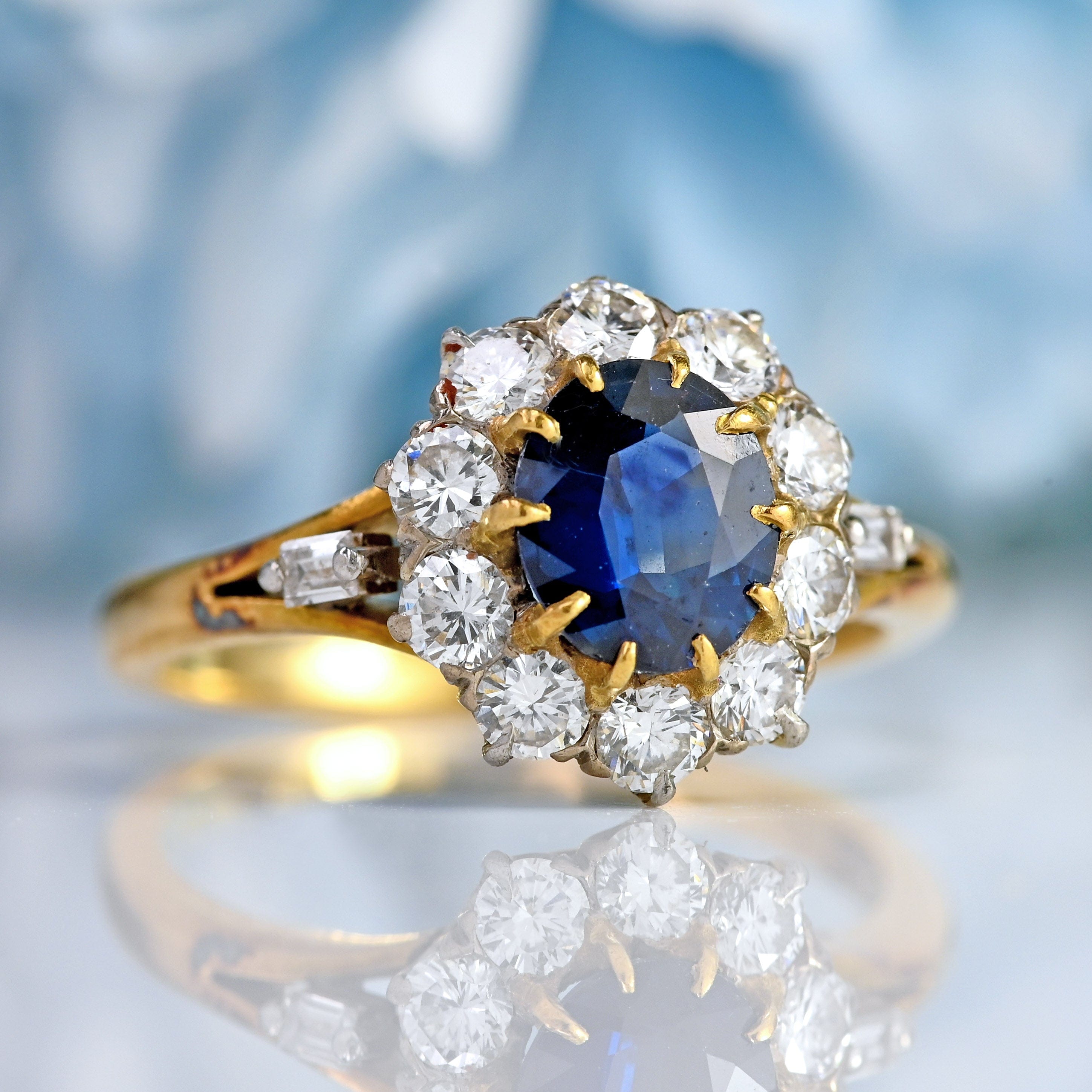 Ellibelle Jewellery Art Deco Sapphire & Diamond 18ct Gold Platinum Cluster Engagement Ring