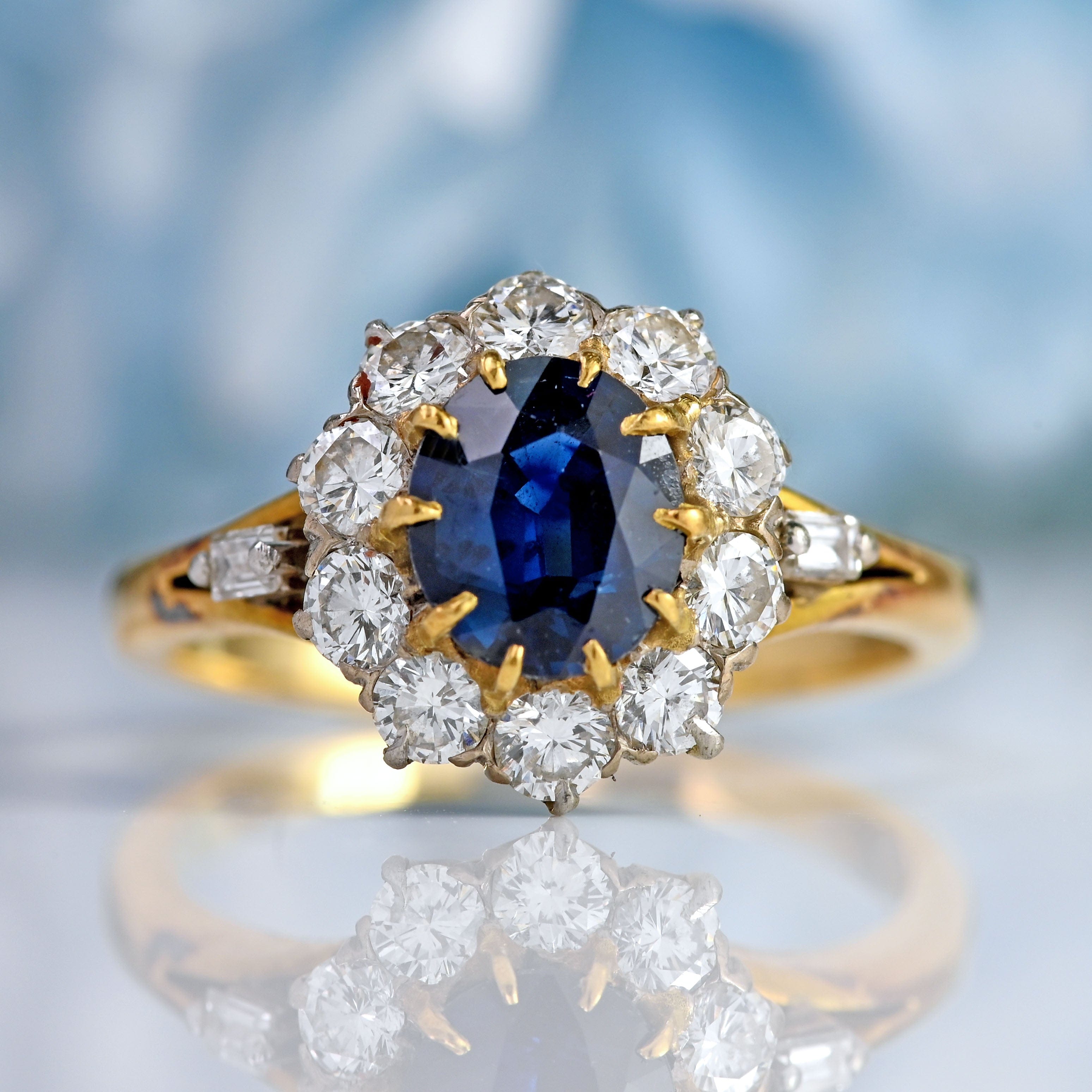 Ellibelle Jewellery Art Deco Sapphire & Diamond 18ct Gold Platinum Cluster Engagement Ring