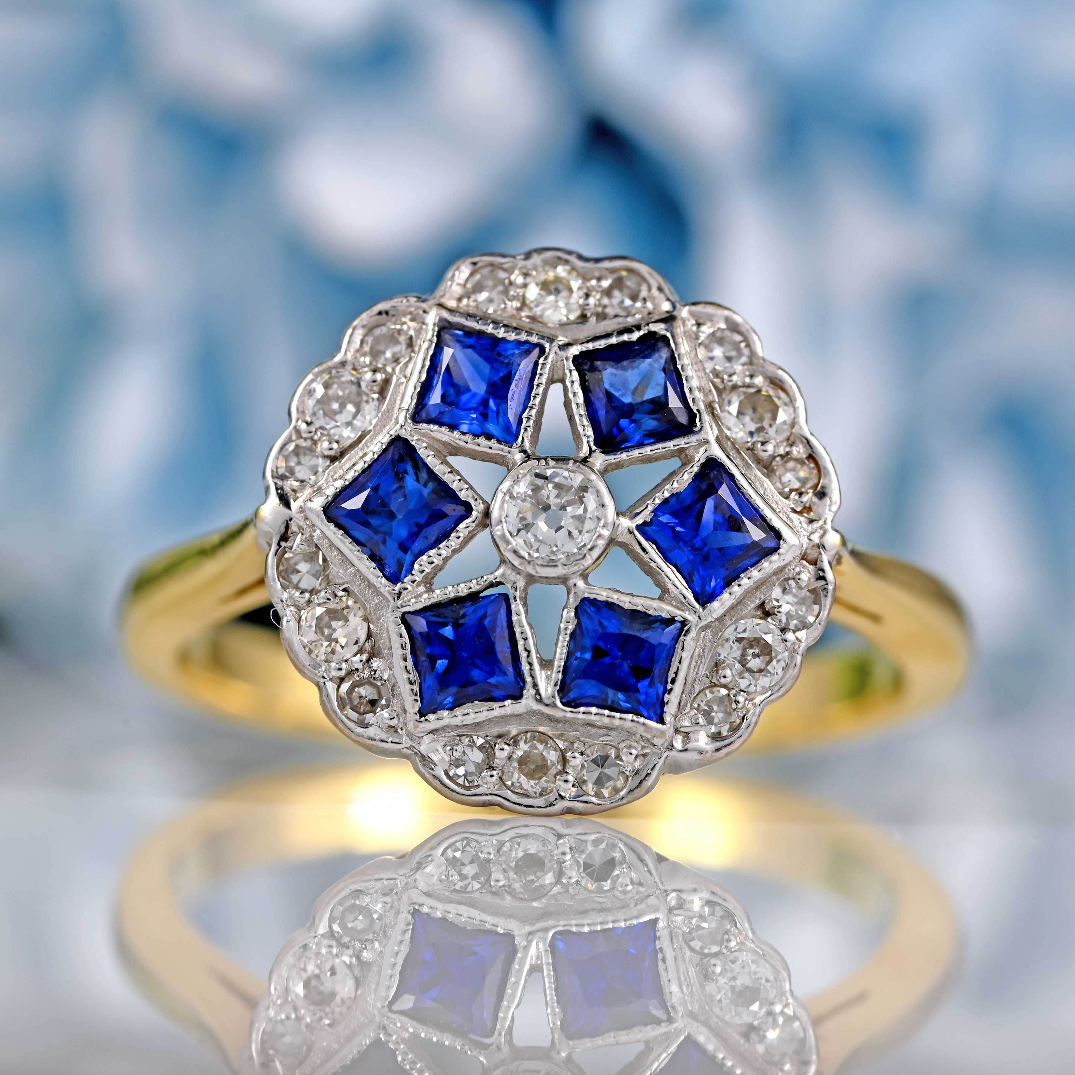 Ellibelle Jewellery Art Deco Sapphire & Diamond 18ct Gold Platinum Cluster Ring