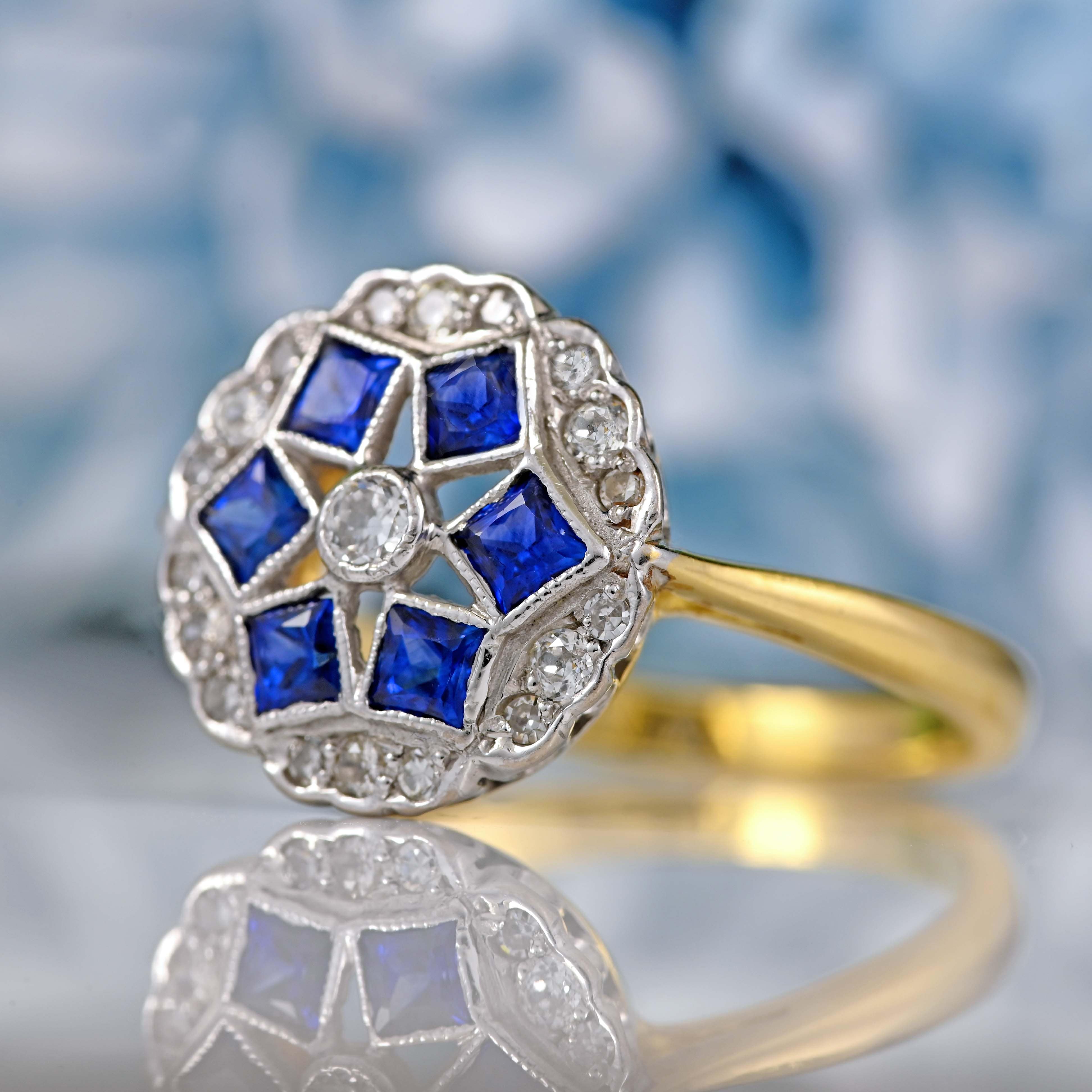 Ellibelle Jewellery Art Deco Sapphire & Diamond 18ct Gold Platinum Cluster Ring