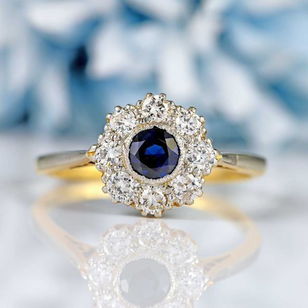 Ellibelle Jewellery Art Deco Sapphire & Diamond 18ct Gold Platinum Cluster Ring