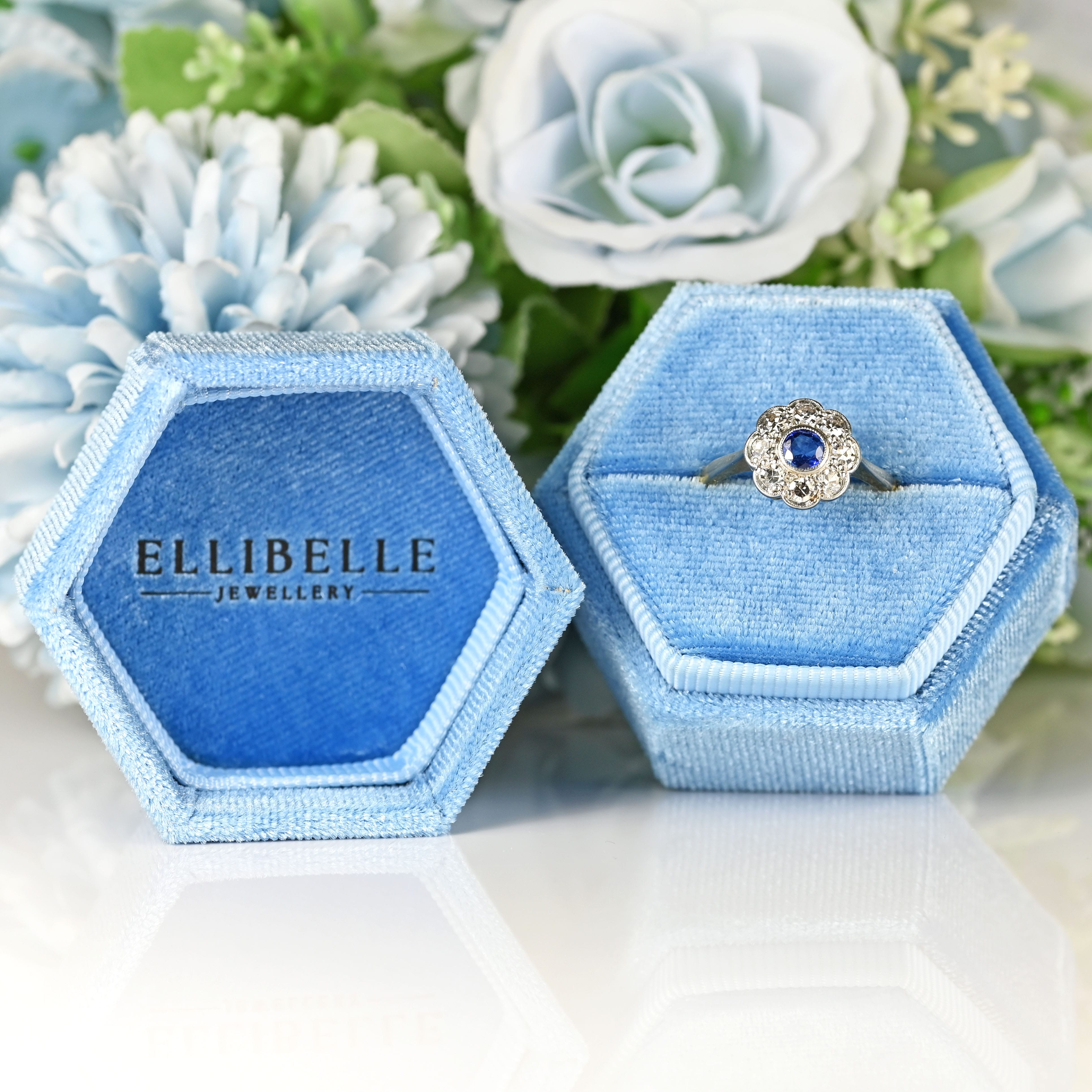 Ellibelle Jewellery Art Deco Sapphire & Diamond 18ct Gold Platinum Daisy Cluster Ring