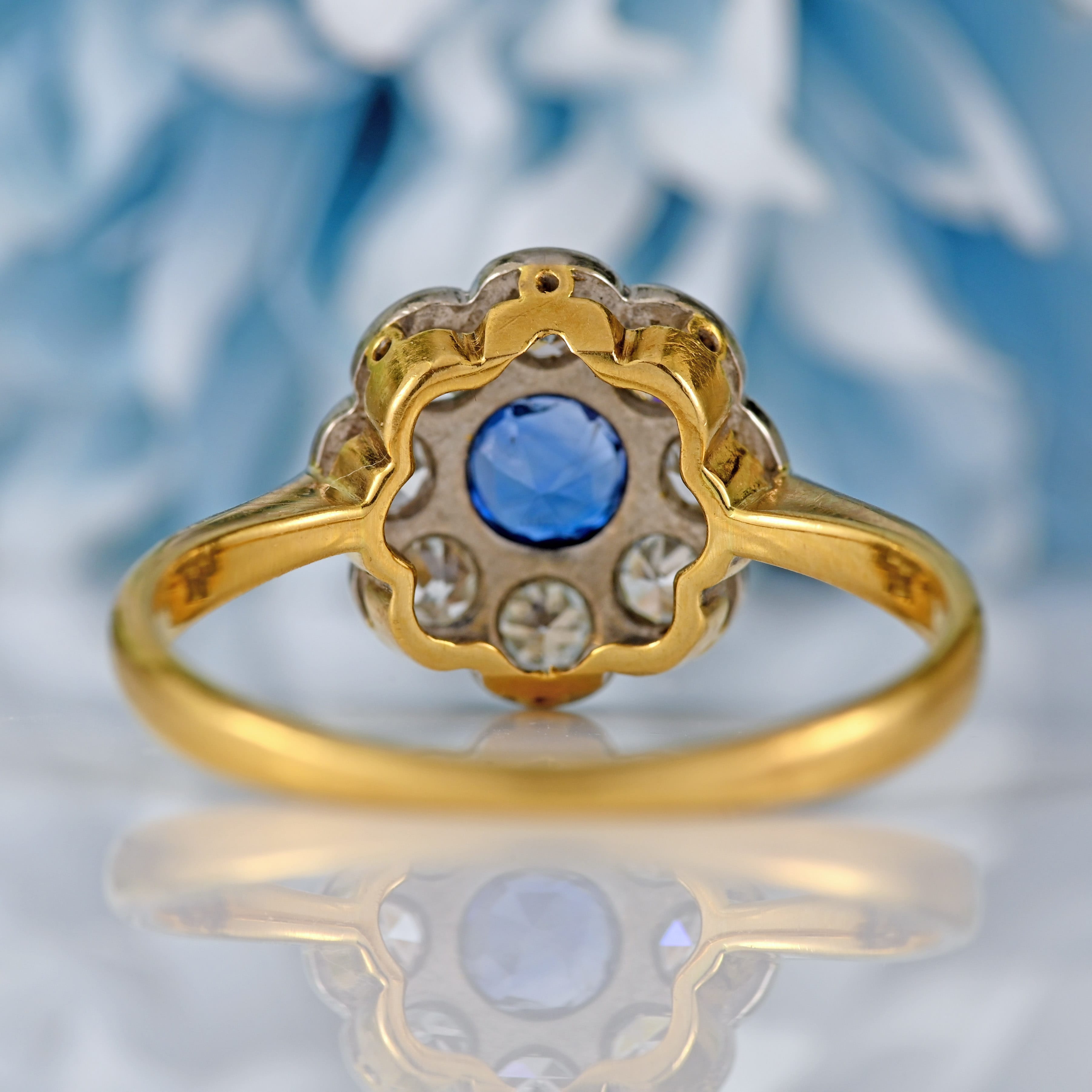 Ellibelle Jewellery Art Deco Sapphire & Diamond 18ct Gold Platinum Daisy Cluster Ring