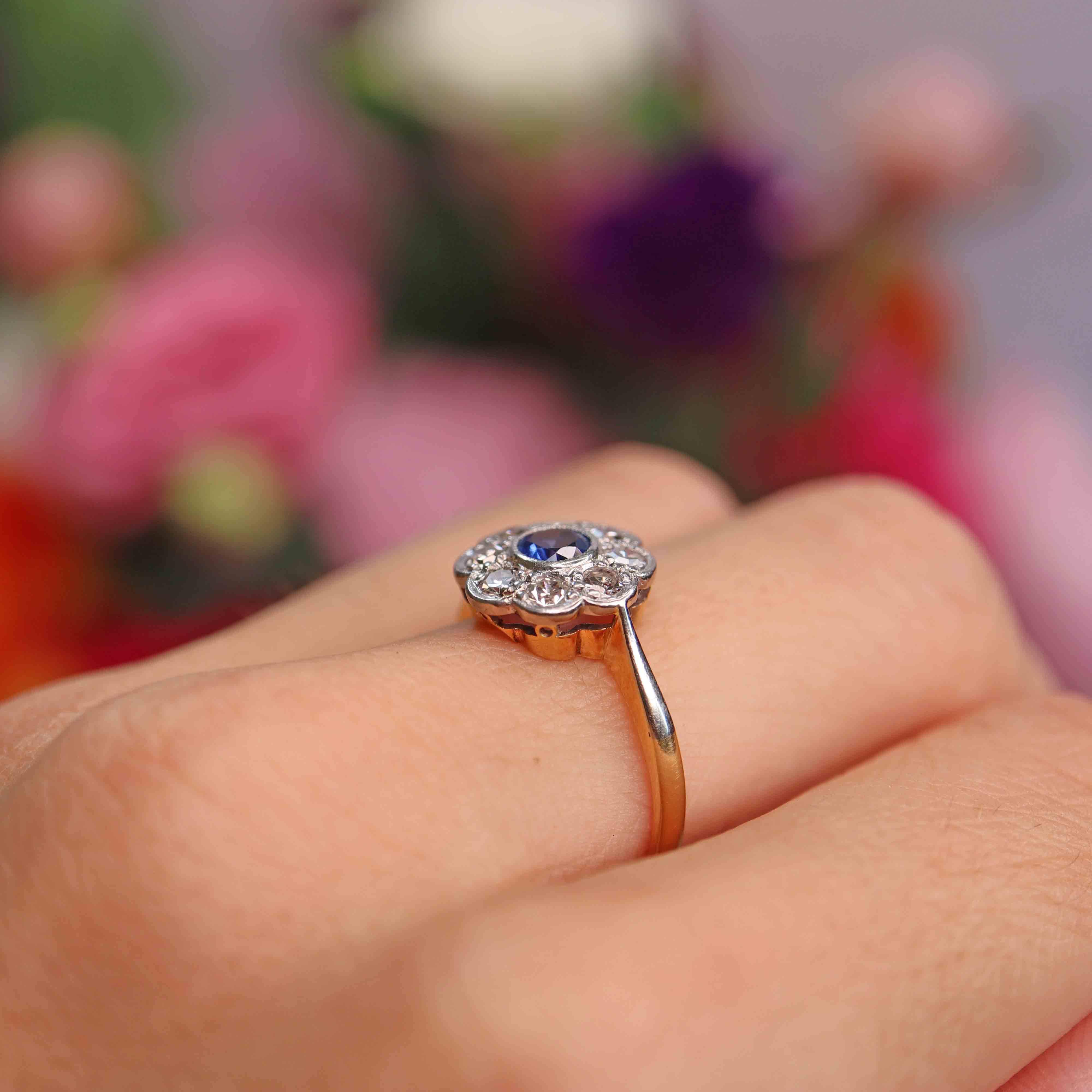 Ellibelle Jewellery Art Deco Sapphire & Diamond 18ct Gold Platinum Daisy Cluster Ring