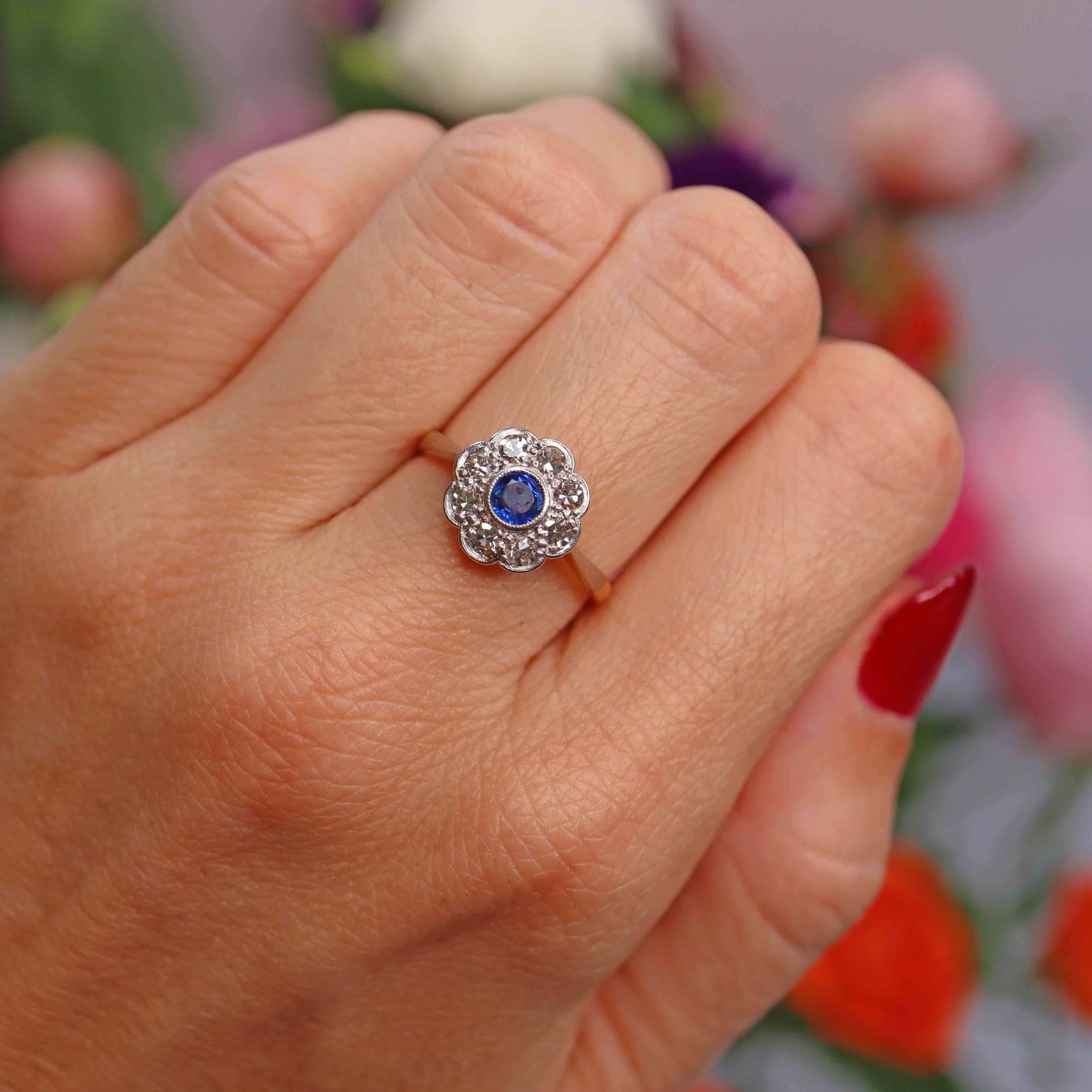 Ellibelle Jewellery Art Deco Sapphire & Diamond 18ct Gold Platinum Daisy Cluster Ring