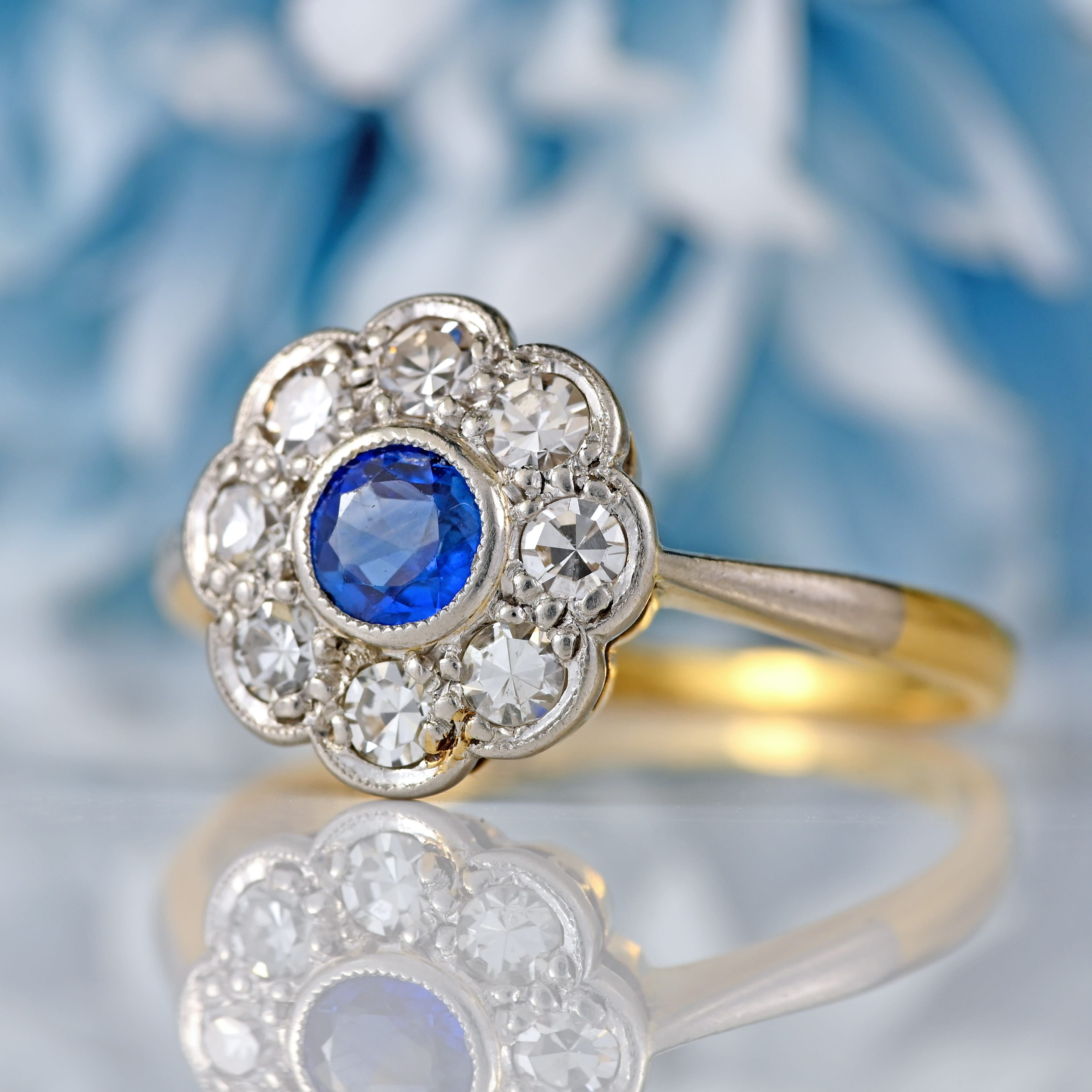 Ellibelle Jewellery Art Deco Sapphire & Diamond 18ct Gold Platinum Daisy Cluster Ring