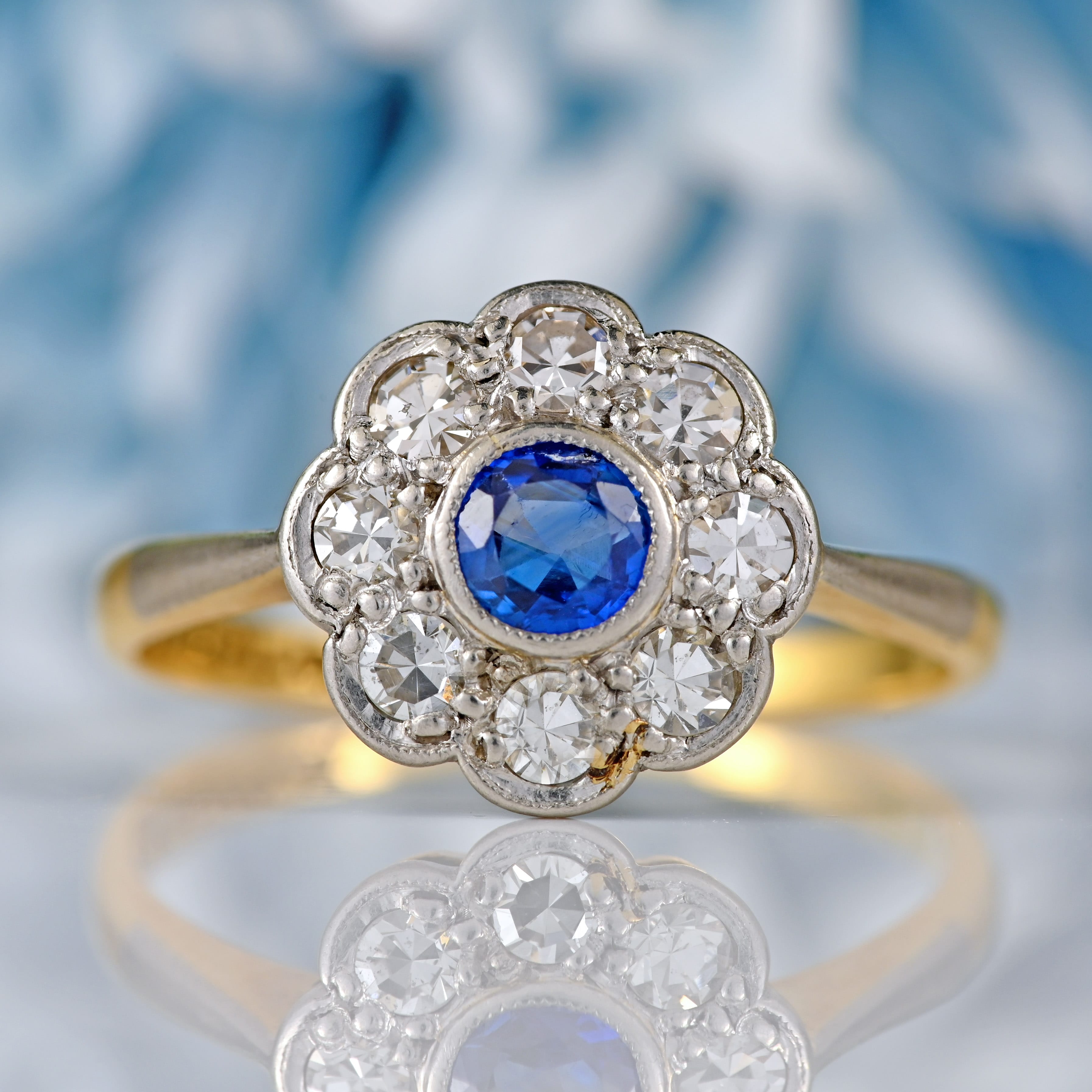 Ellibelle Jewellery Art Deco Sapphire & Diamond 18ct Gold Platinum Daisy Cluster Ring