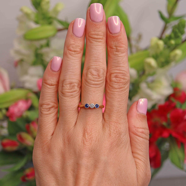 Ellibelle Jewellery Art Deco Sapphire & Diamond 18ct Gold Platinum Three-Stone Ring