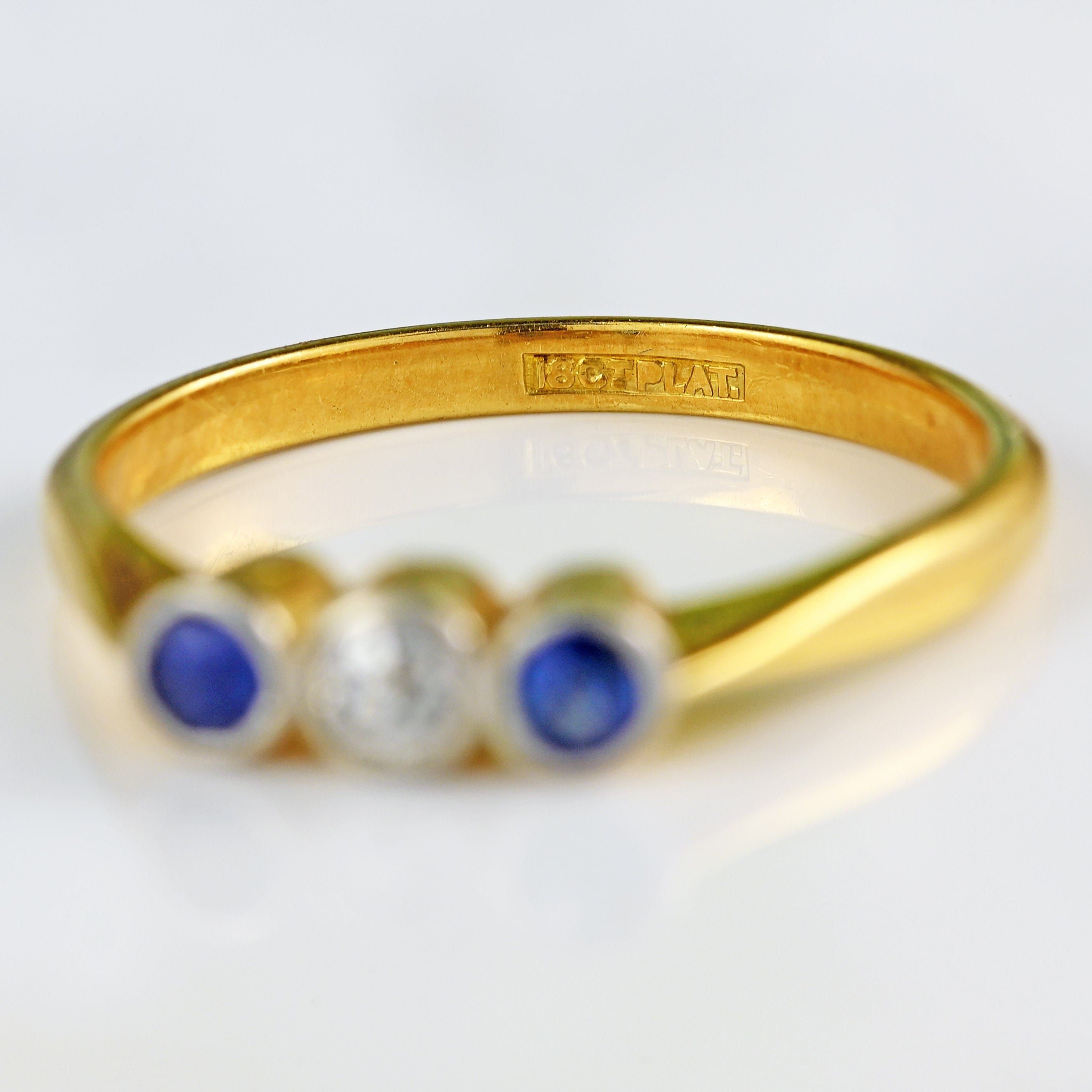 Ellibelle Jewellery Art Deco Sapphire & Diamond 18ct Gold Platinum Three-Stone Ring