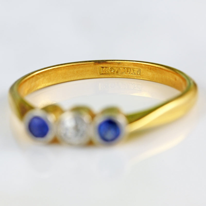 Ellibelle Jewellery Art Deco Sapphire & Diamond 18ct Gold Platinum Three-Stone Ring