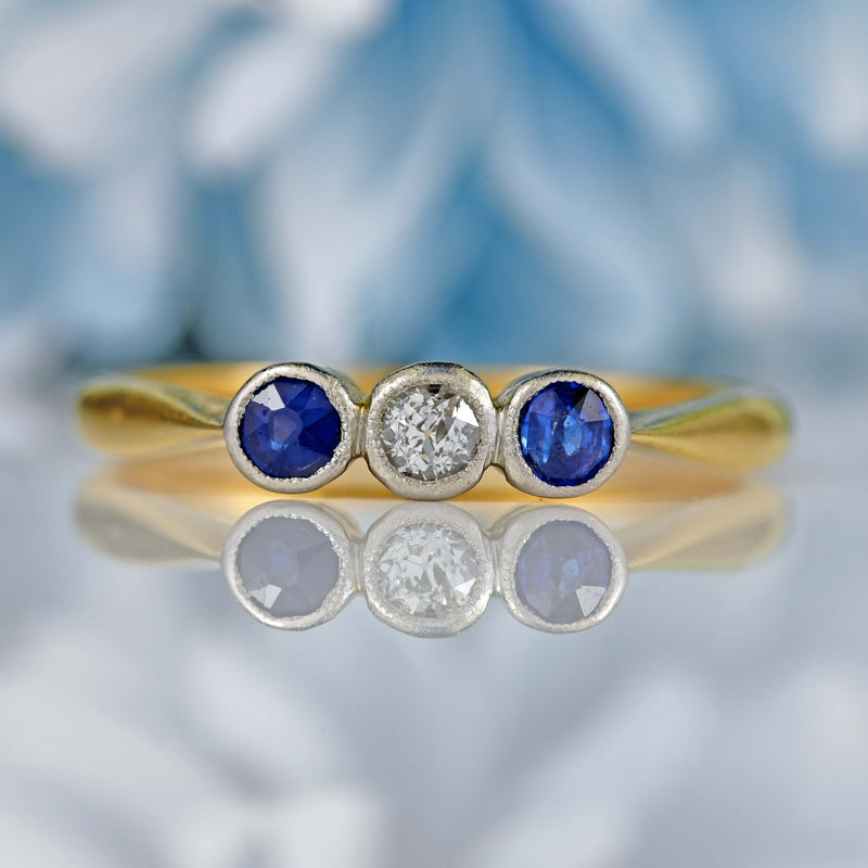 Ellibelle Jewellery Art Deco Sapphire & Diamond 18ct Gold Platinum Three-Stone Ring