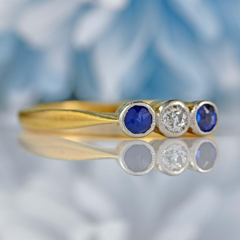 Ellibelle Jewellery Art Deco Sapphire & Diamond 18ct Gold Platinum Three-Stone Ring