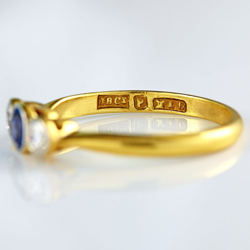 Ellibelle Jewellery Art Deco Sapphire & Diamond 18ct Gold Platinum Three-Stone Ring