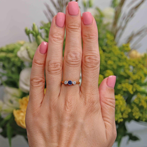 Ellibelle Jewellery Art Deco Sapphire & Diamond 18ct Gold Platinum Three-Stone Ring