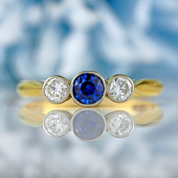 Ellibelle Jewellery Art Deco Sapphire & Diamond 18ct Gold Platinum Three-Stone Ring