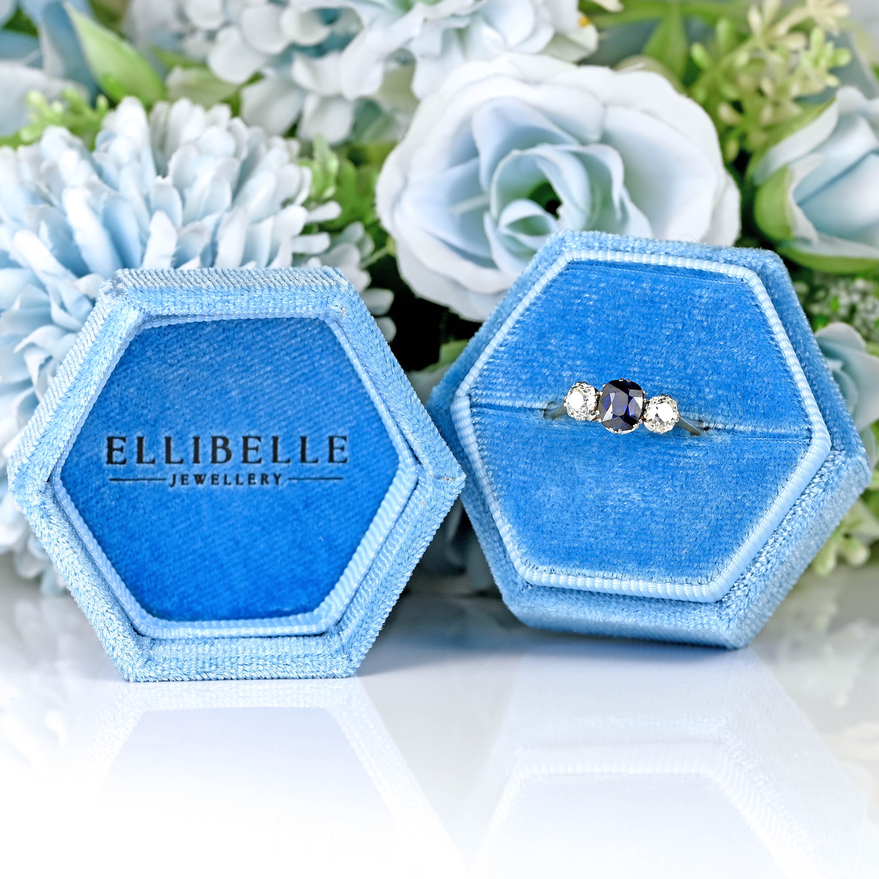 Ellibelle Jewellery Art Deco Sapphire & Diamond 18ct Gold Platinum Three-Stone Trilogy Ring