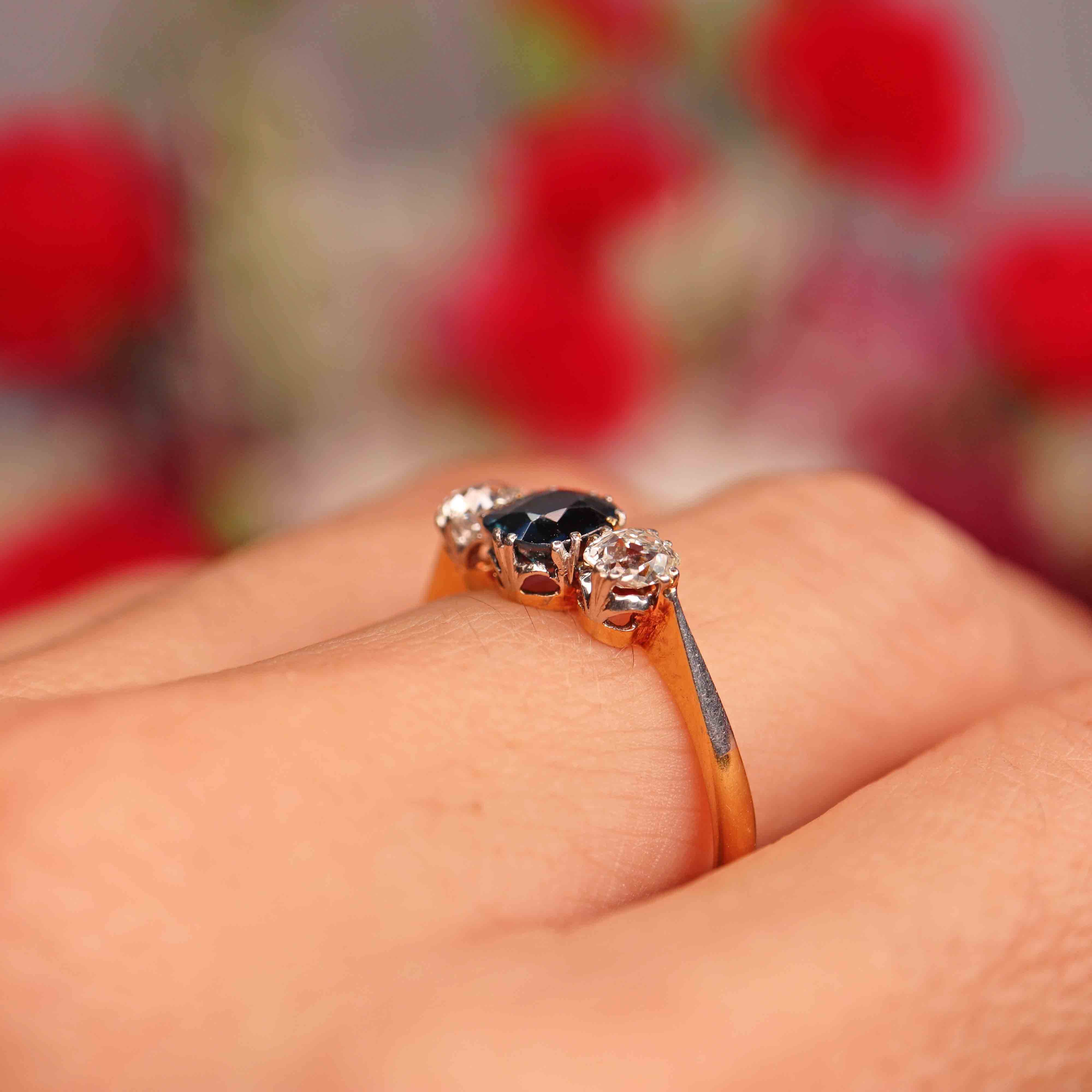 Ellibelle Jewellery Art Deco Sapphire & Diamond 18ct Gold Platinum Three-Stone Trilogy Ring