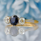 Ellibelle Jewellery Art Deco Sapphire & Diamond 18ct Gold Platinum Three-Stone Trilogy Ring