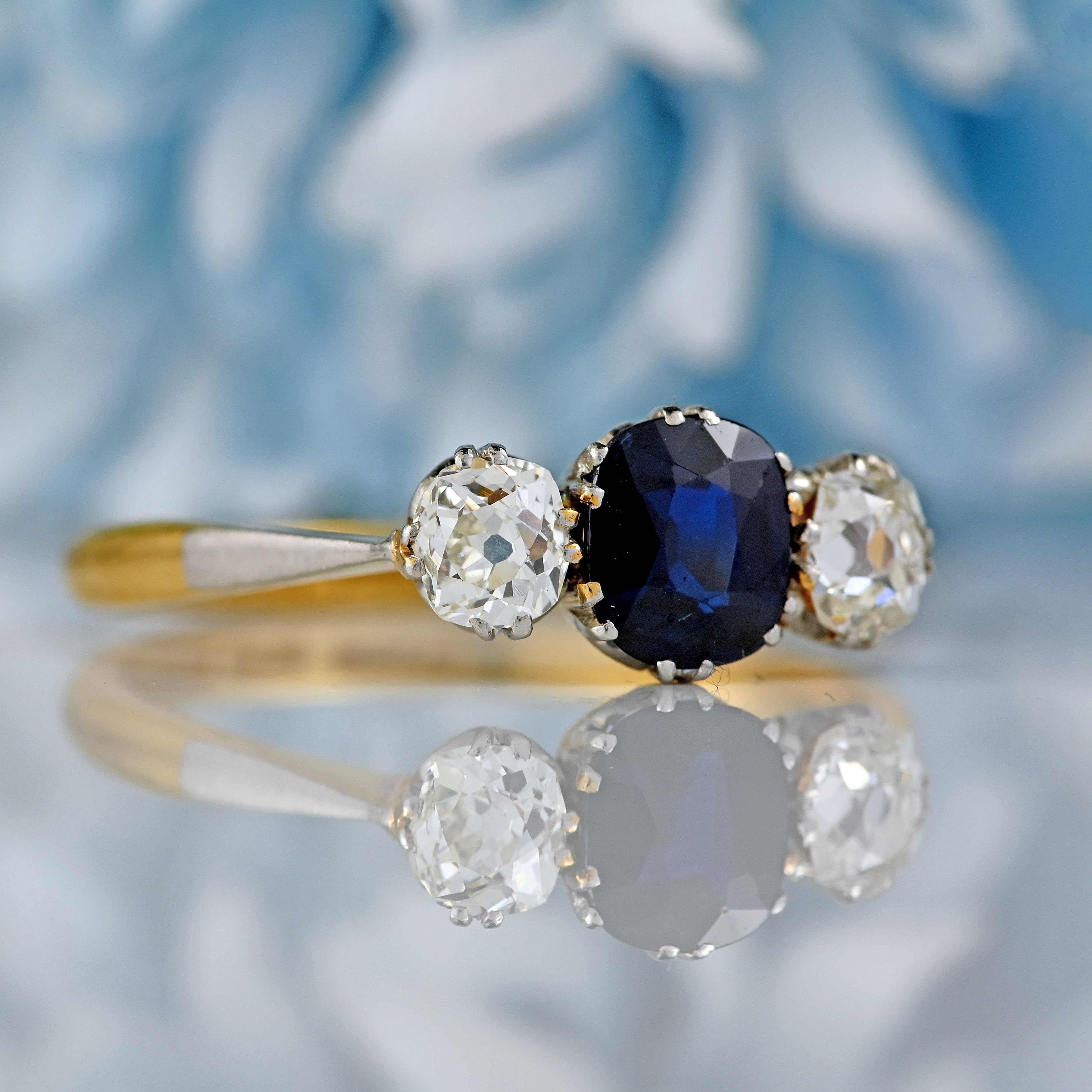 Ellibelle Jewellery Art Deco Sapphire & Diamond 18ct Gold Platinum Three-Stone Trilogy Ring