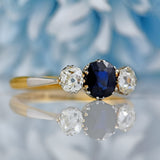 Ellibelle Jewellery Art Deco Sapphire & Diamond 18ct Gold Platinum Three-Stone Trilogy Ring