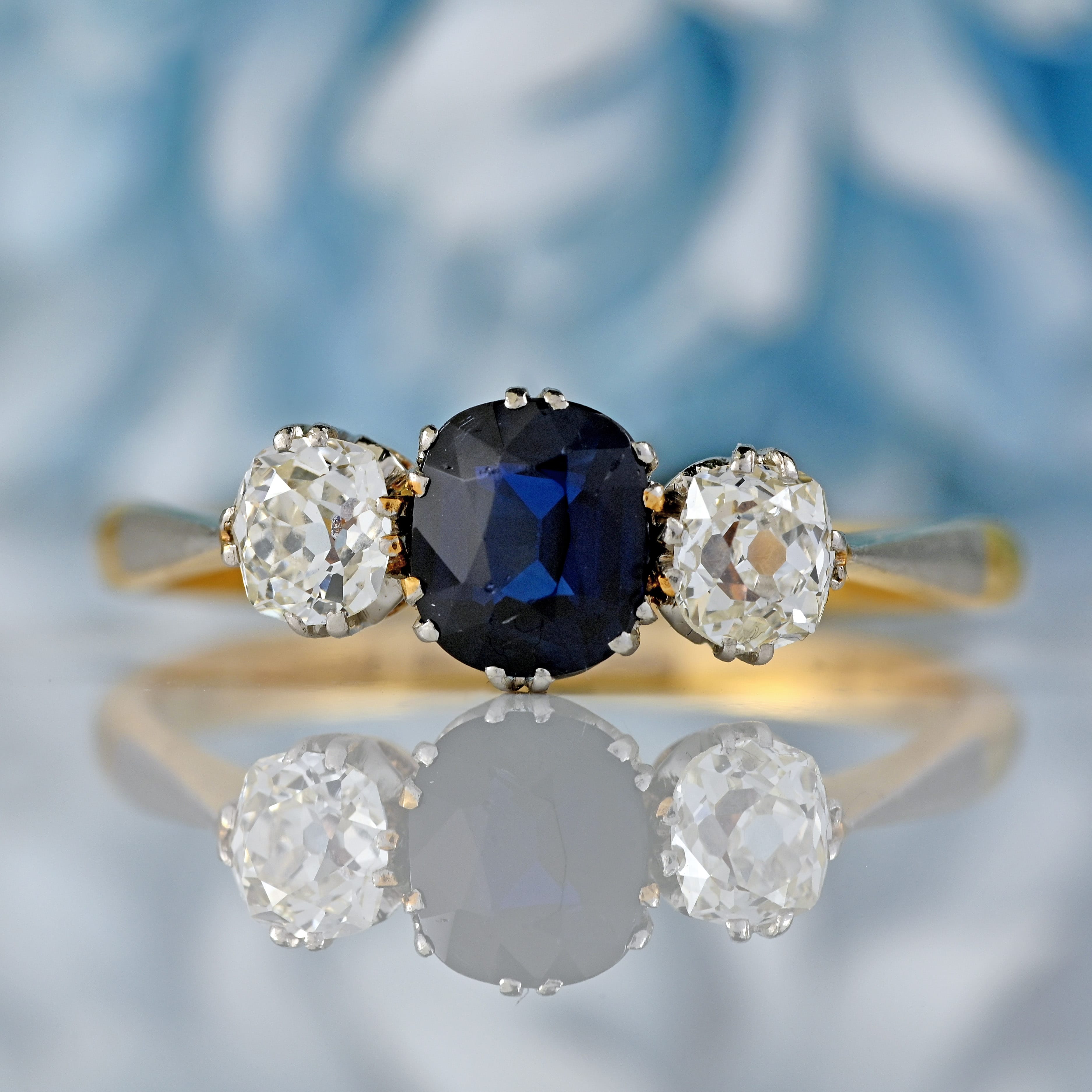 Ellibelle Jewellery Art Deco Sapphire & Diamond 18ct Gold Platinum Three-Stone Trilogy Ring