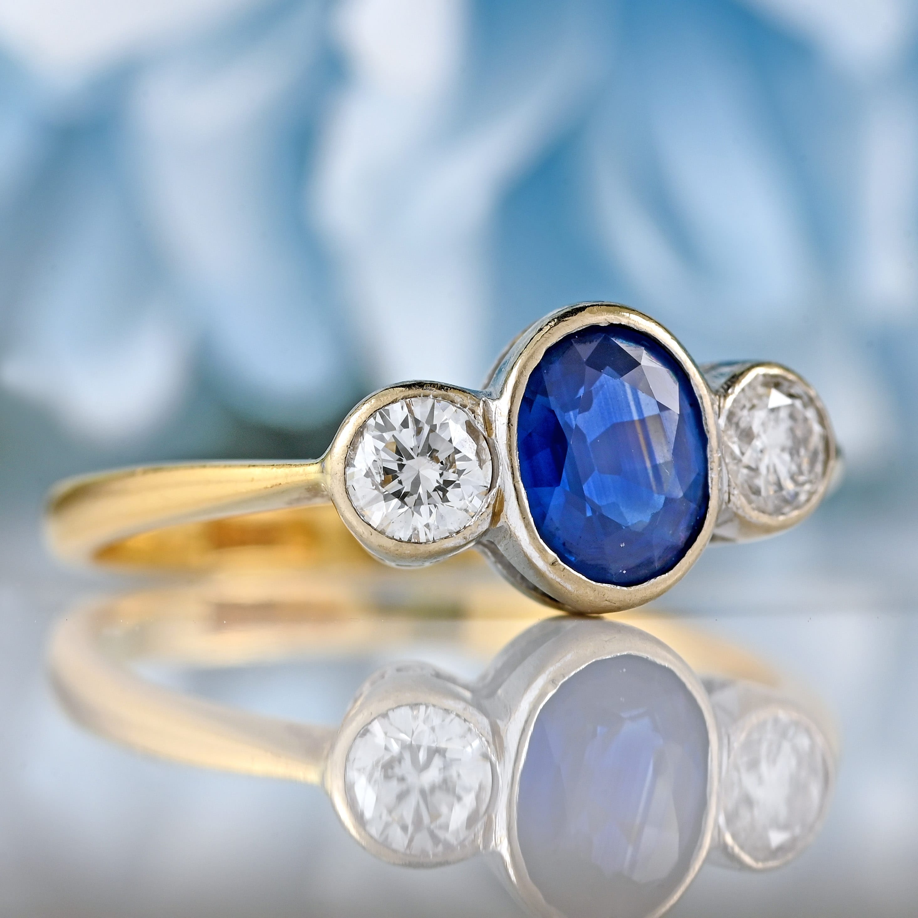 Ellibelle Jewellery Art Deco Sapphire & Diamond 18ct Gold Three-Stone Bezel-Set Ring