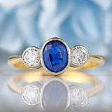 Ellibelle Jewellery Art Deco Sapphire & Diamond 18ct Gold Three-Stone Bezel-Set Ring