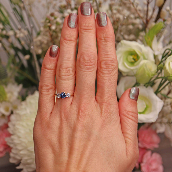 Ellibelle Jewellery Art Deco Sapphire & Diamond 18ct Gold Three-Stone Engagement Ring