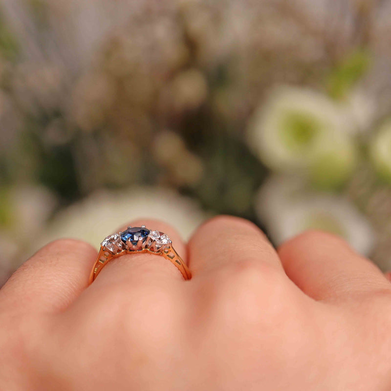 Ellibelle Jewellery Art Deco Sapphire & Diamond 18ct Gold Three-Stone Engagement Ring