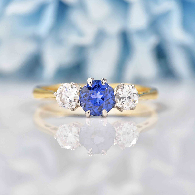 Ellibelle Jewellery Art Deco Sapphire & Diamond 18ct Gold Three-Stone Engagement Ring