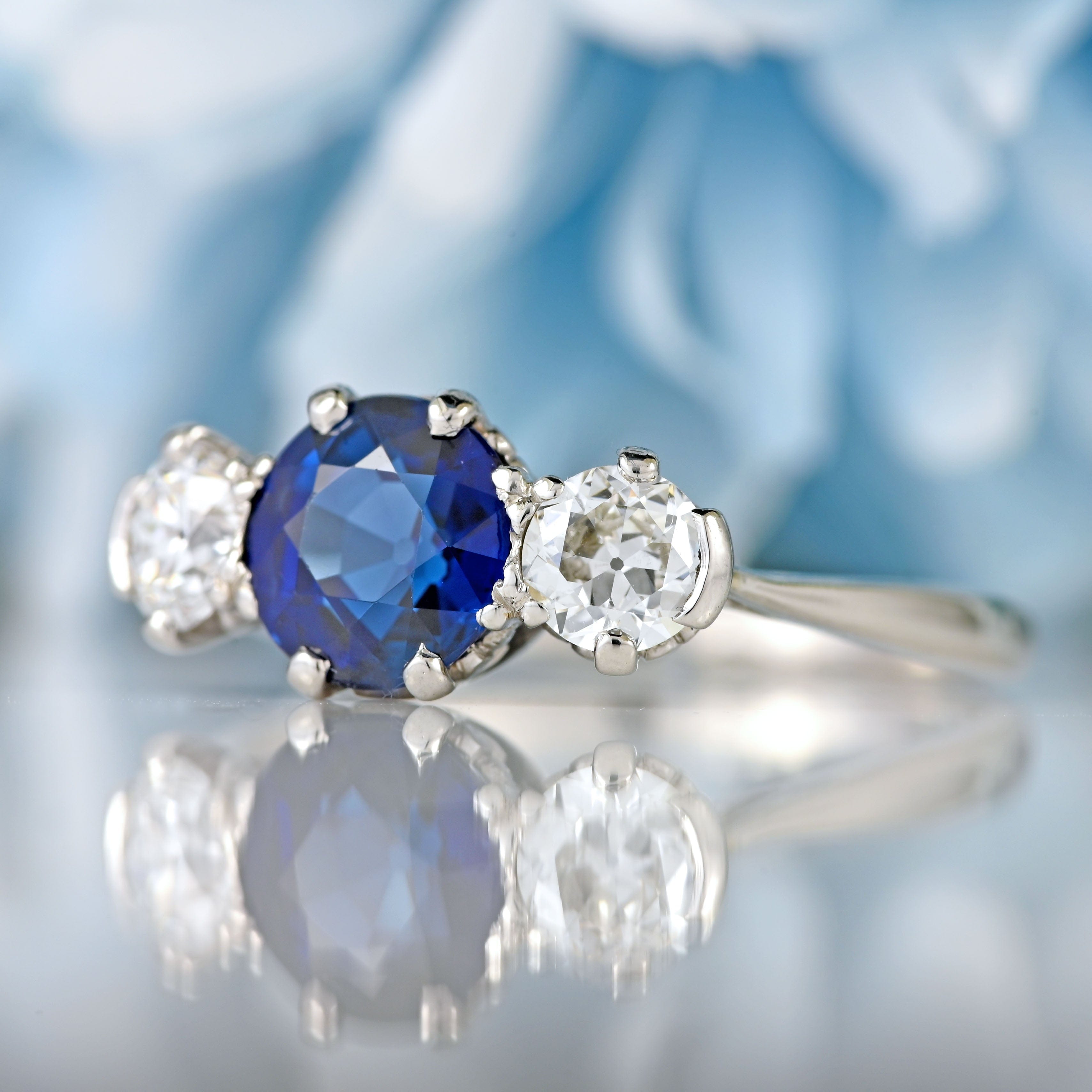 Ellibelle Jewellery Art Deco Sapphire & Diamond Platinum Three-Stone Engagement Ring (1.20cts)