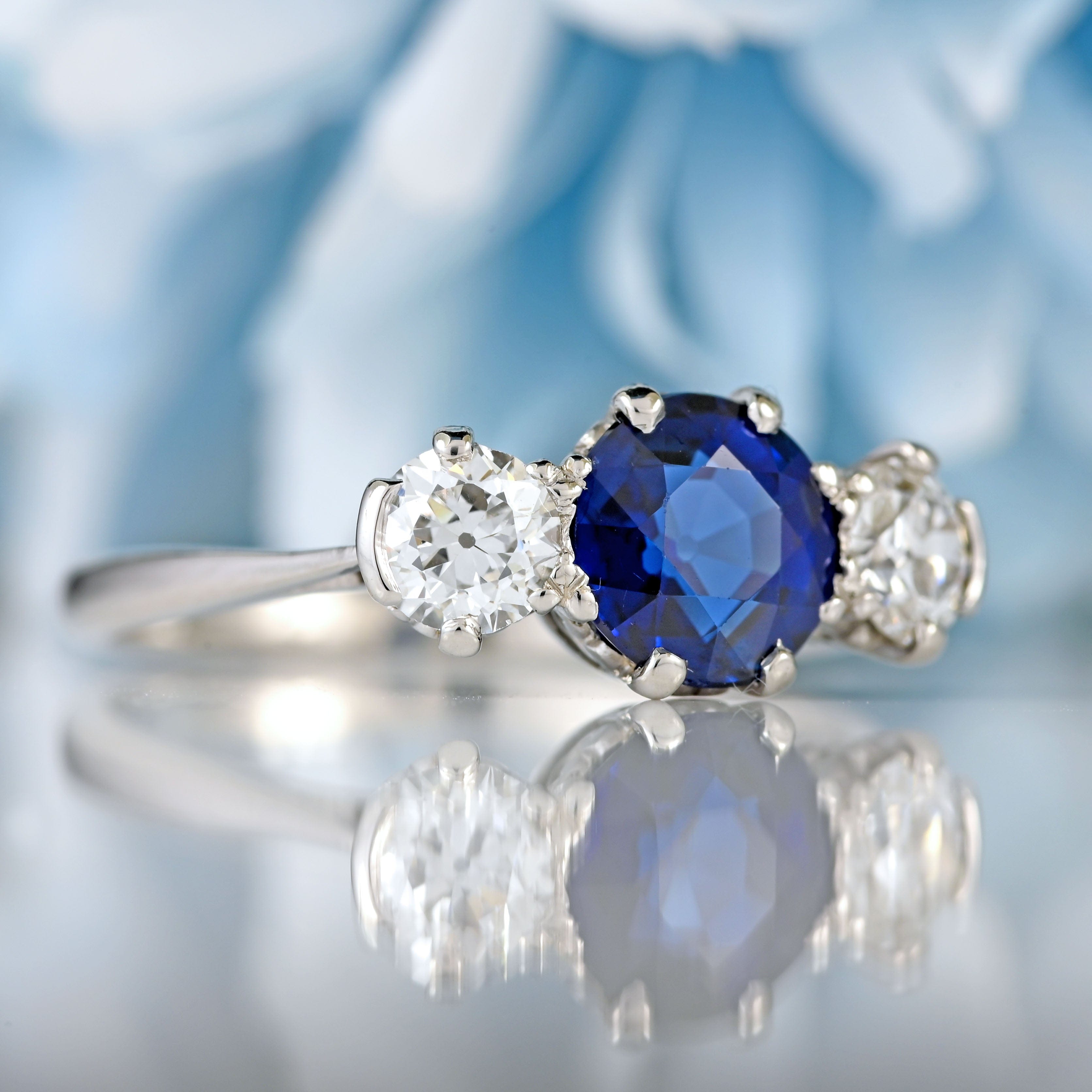 Ellibelle Jewellery Art Deco Sapphire & Diamond Platinum Three-Stone Engagement Ring (1.20cts)