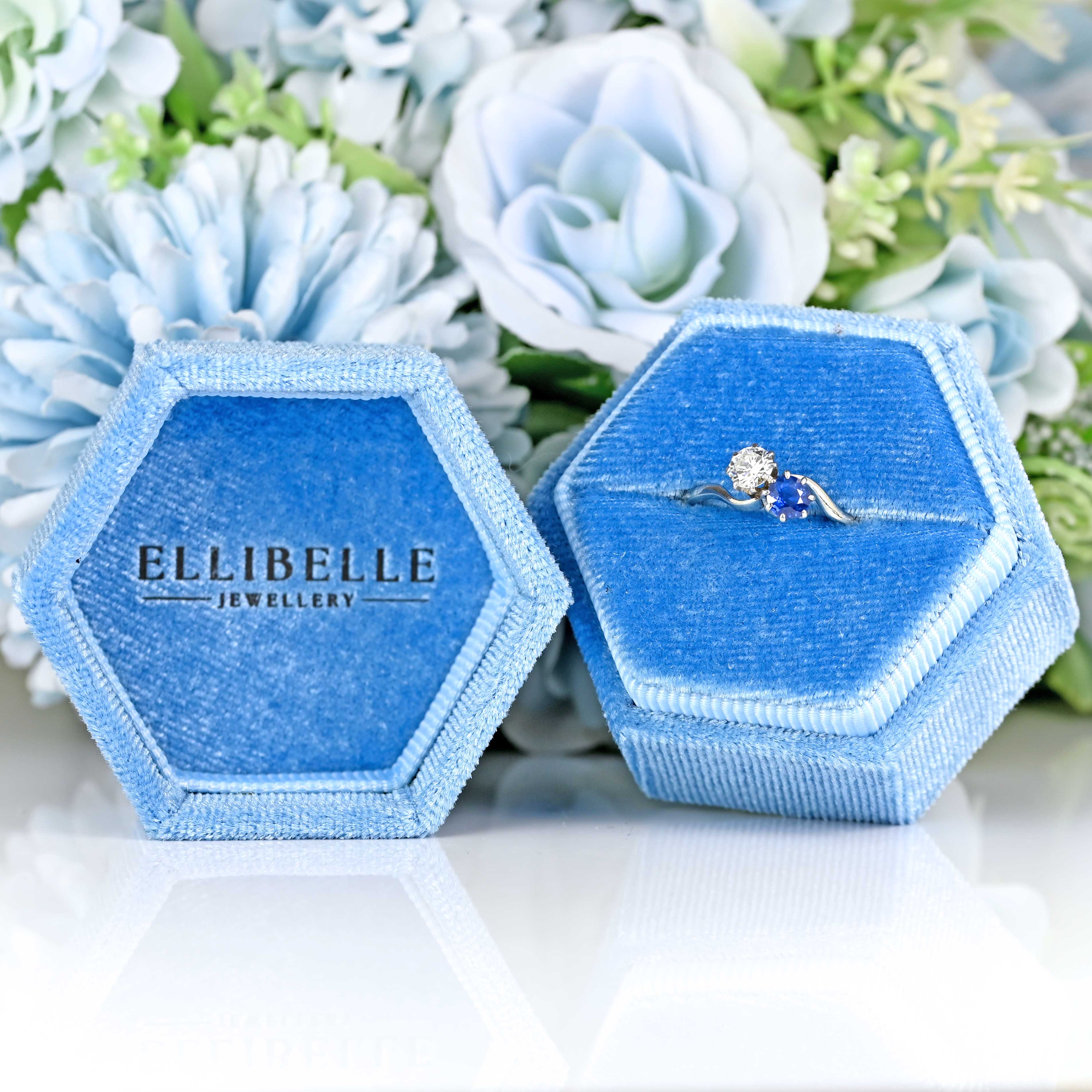 Ellibelle Jewellery Art Deco Sapphire & Diamond Platinum Toi et Moi Engagement Ring