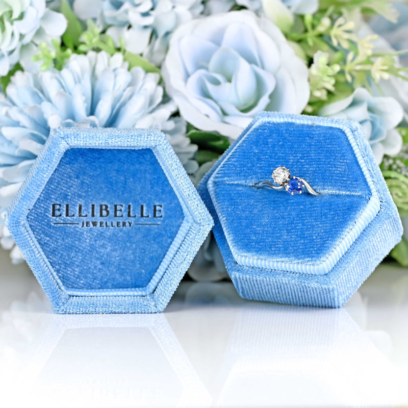 Ellibelle Jewellery Art Deco Sapphire & Diamond Platinum Toi et Moi Engagement Ring