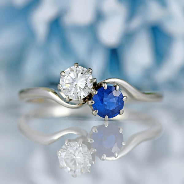 Ellibelle Jewellery Art Deco Sapphire & Diamond Platinum Toi et Moi Engagement Ring
