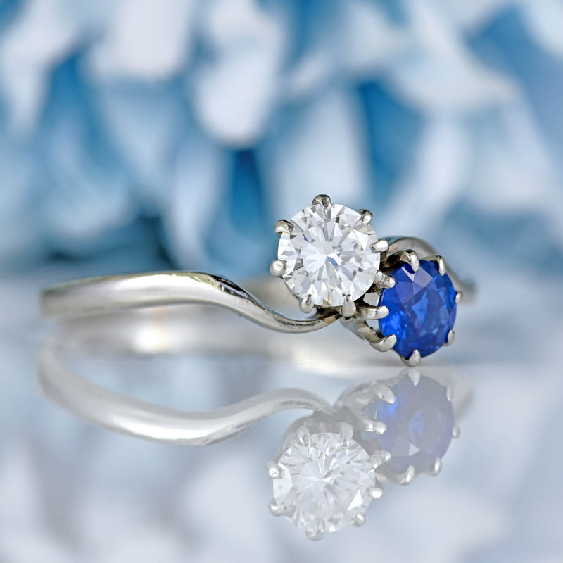Ellibelle Jewellery Art Deco Sapphire & Diamond Platinum Toi et Moi Engagement Ring